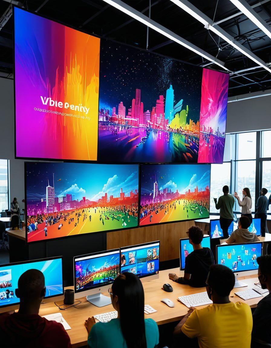 A dynamic scene showcasing a diverse group of people gathered around a large computer screen displaying engaging videos. The setting is a vibrant community center with bright colors, showing elements of connection like digital bridges made of video screens. Include symbols of unity such as hands reaching towards each other and collaborative ideas being shared. The atmosphere should be warm and inviting, emphasizing community spirit and creativity. super-realistic. vibrant colors. 3D.