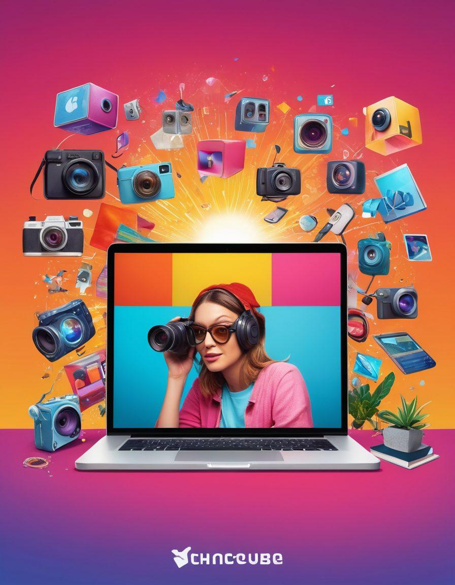 A vibrant collage showcasing a diverse group of content creators engaged in various digital storytelling activities: filming with cameras, editing videos, and interacting with audiences online. Include visual elements like social media icons and digital devices to symbolize connection, with a playful, flowing design representing the evolution from creation to connection. Emphasize bright, engaging colors to capture the dynamic nature of Youcube's impact. digital art. vibrant colors. minimalistic background.