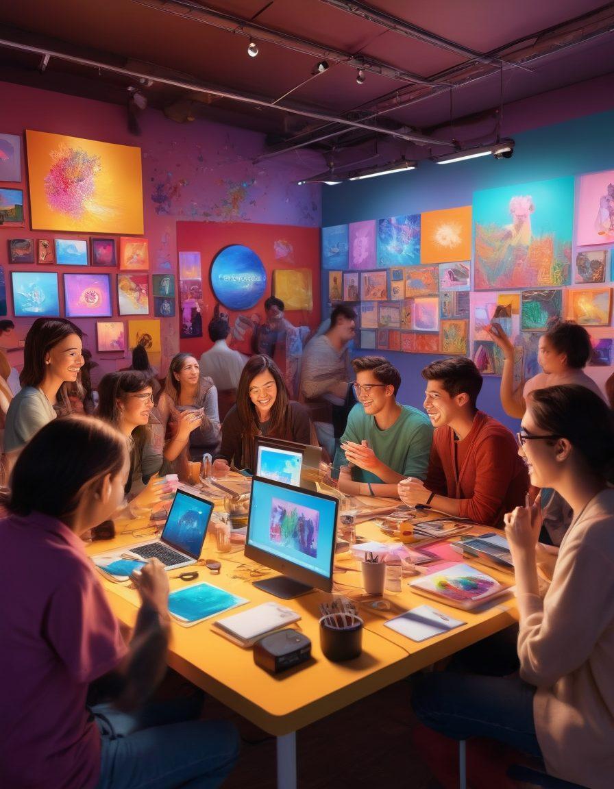 An imaginative representation of a vibrant community gathering, showcasing diverse individuals engaged in video blogging with colorful Youcube screens in the background. Illustrate a fusion of creativity and technology, with art supplies and video equipment scattered around, symbolizing collaboration. The scene should convey excitement, engagement, and a sense of belonging. bright colors, 3D, digital art.